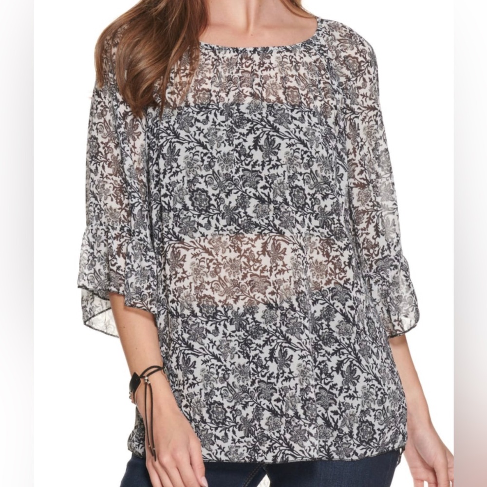 Cowgirl Hardware Women White Black Floral Print 3/4 Bell Sleeves Top Medium NWT